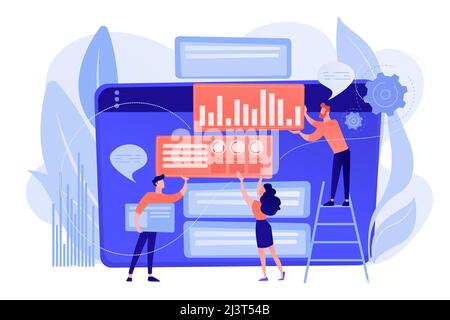 Content marketing manager, specialist, analyst work on websites for audience. Content marketing, working content, SEO optimization tool concept. Pinki Stock Vector