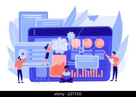 SEO specialists work on high-quality organic search traffic for websites. SEO analytics team, SEO optimization, internet promotion concept. Pinkish co Stock Vector