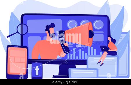 Marketing strategists and content specialist with megaphone and digital devices. Digital marketing team, marketing team strategy concept. Pinkish cora Stock Vector