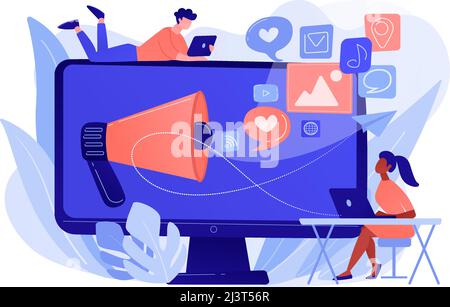 Marketing specialists and computer with megaphone and social media icons. Social media marketing, social networking, internet marketing concept. Pinki Stock Vector