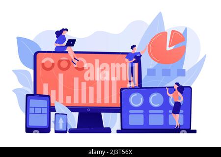 Customer managers working with customers pie charts and devices. Customer segmentation, internet marketing tool, target audience collection concept. P Stock Vector