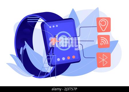 Smartwatch with Wi-Fi, bluetooth and GPS. Wireless connectivity, bluetooth and Wi-Fi technology , NFC and GPS technology concept on white background. Stock Vector