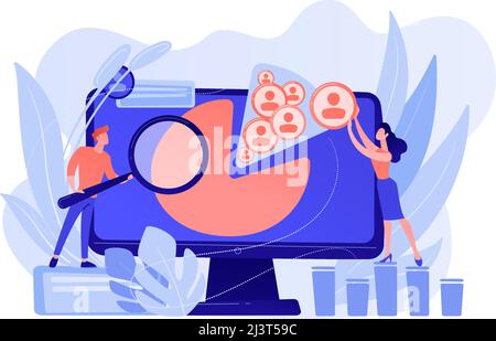 Social media managers work with social media profiles and platforms. Social media management, company SMM strategy, digital marketing tool concept. Pi Stock Vector