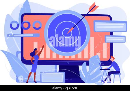 Remarketing manager and specialist put targeted ads. Remarketing strategy, digital marketing tool, visitors generation methodology concept. Pinkish co Stock Vector