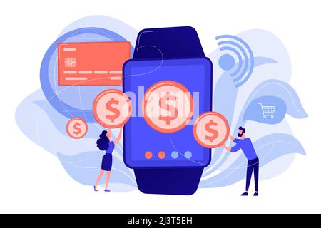 Users shopping and making contactless payment with smartwatch. Smartwatch payment, NFC technology and NFC payment concept on white background. Pinkish Stock Vector