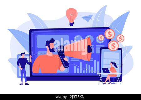 Marketer delivering ads with megaphone and devices. Cross-device marketing, cross-device marketing analysis and strategy concept on white background. Stock Vector