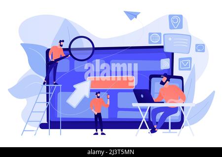 IT specialist identify user across mobile, laptop and tablet. Cross-device tracking and capability, cross-device using concept on white background. Pi Stock Vector