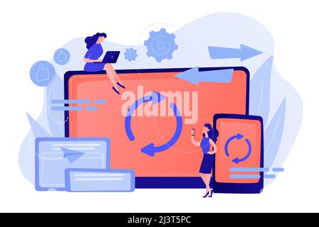 User with laptop and smartphone synchronizing. Cross-device syncing, cross-device synchronization and operation concept on white background. Pinkish c Stock Vector