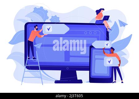 Developers use software on multiple devices. Cross-platform software, multi-platform and platform-independent software concept on white background. Pi Stock Vector