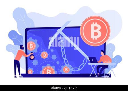 Scammer in mask stealing cryptocurrency from mining pool on laptop. Hidden mining, miner bot and mining virus concept on white background. Pinkish cor Stock Vector