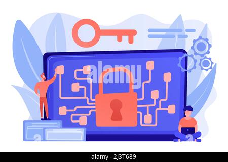 Cryptographic officer and system administrator create algorithm code for key owner of blockchain. Cryptography and encryption algorithm concept. Pinki Stock Vector