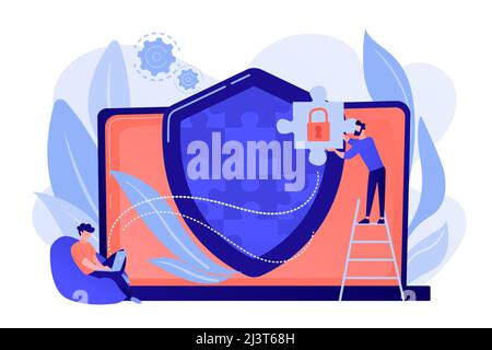 Programmer with jigsaw shield system monitoring network traffic. Firewall, network security system and network firewall concept on white background. P Stock Vector