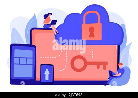 Architect and engineer working on technologies and controls to protect data and applications. Cloud computing and cloud information security concept. Stock Vector