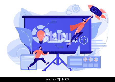 Development team member and scrum master working on Agile project for product ownerand stakeholders. Agile project management concept. Pinkish coral b Stock Vector