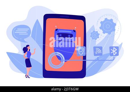 Business woman chatting with messages to chatbot application. Chatbot virtual assistant, smartphone assistant app, message chatbot concept. Pinkish co Stock Vector