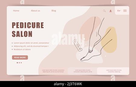 Pedicure service landing page template. Linear female hands. Beauty logo for manicure studio or spa salon. Vector Illustration in flat cartoon style Stock Vector