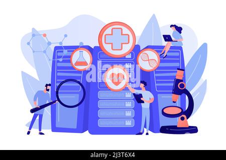 Doctors and personalized prescriptive analytics. Big data healthcare, personalized medicine, big data patient care, predictive analytics concept. Pink Stock Vector