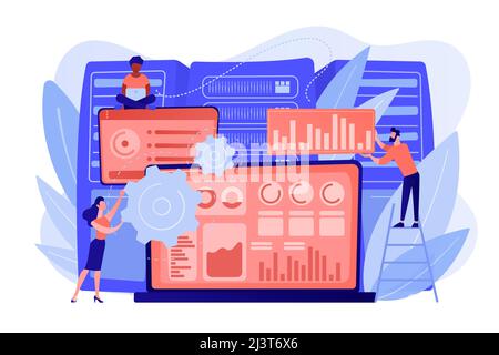 Laptop with data visualization software and developers working. Big data visualization, big data analytics, visualization software concept. Pinkish co Stock Vector