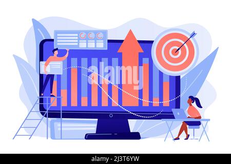 Business intelligence experts transform data into useful information. Business intelligence, business analysis, IT management tools concept. Pinkish c Stock Vector