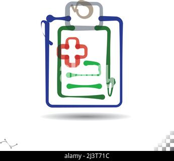 Clipboard icon symbol insignia with organic multicolor thick and thin line design with a plus symbol of health and prescription or medical form or 'notes Stock Vector
