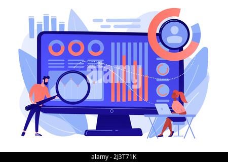 Data analyst oversees and governs income, expenses with magnifier. Financial management system, finance software, IT management tool concept. Pinkish Stock Vector