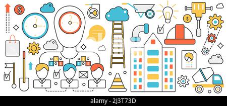 Construction technology. Abstract team of architects, engineer workers and contractors work on building project, time management and communication in infographic concept banner, thin line art design Stock Vector