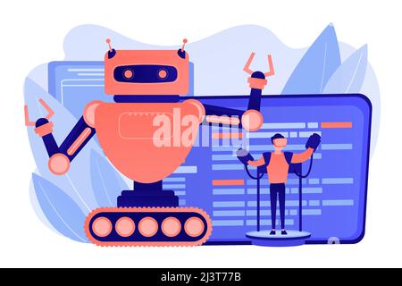 Engineer controlling big robot with remote technology. Remotely operated robots, robot control system, manipulation robotic system concept. Pinkish co Stock Vector