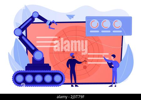 Soldiers at radar planning to use robot for military actions. Military robotics, automated army machinery, military robot technologies concept. Pinkis Stock Vector
