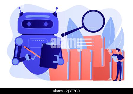 Robot doing repeatable tasks with a lot of folders and magnifier. Robotic process automation, service robots profit, automated processing concept. Pin Stock Vector