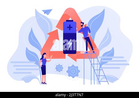 Businessman and woman using eco battery in recycle symbol. Eco battery, environmentally friendly battery, innovative eco-design concept. Pinkish coral Stock Vector