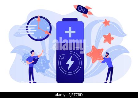 Engineers with battery charging, clock and stars with rocket. Fast charging technology, fast-charge batteries, new battery engineering concept. Pinkis Stock Vector