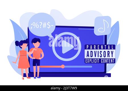 Children at laptop listening to music with parental advisory label warning. Parental advisory, explicit content, kids warning label concept. Pinkish c Stock Vector