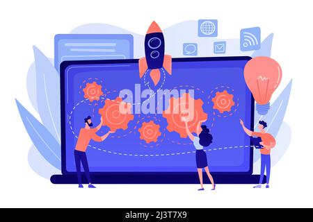 Startup team receive mentoring and training to accelerate growth and laptop. Startup accelerator, seed accelerator, startup mentoring concept. Pinkish Stock Vector