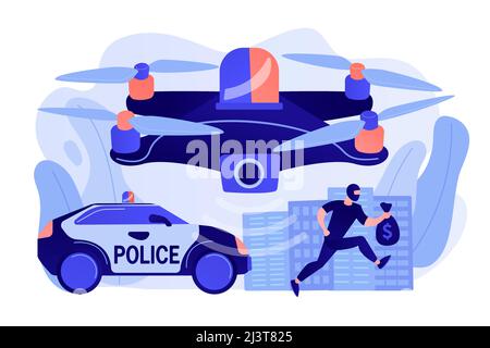 Police car and drone tracking thieve in mask with money and crime scene. Law enforcement drones, police drone use, smart city IoT tools concept. Pinki Stock Vector