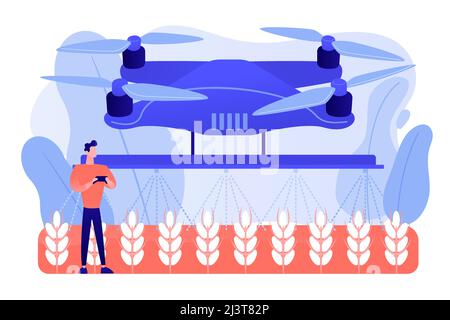 Smart farmer controlling agriculture drone spraying or watering crops. Agriculture drone use, precision farming, new agriculture trend concept. Pinkis Stock Vector