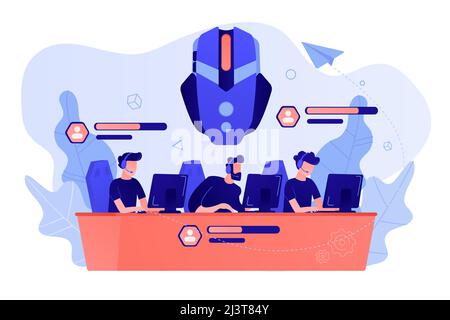 Team of gamers controlling game characrers in online battle. Multiplayer online battle arena, MOBA ARTS game, action real-time strategy concept. Pinki Stock Vector