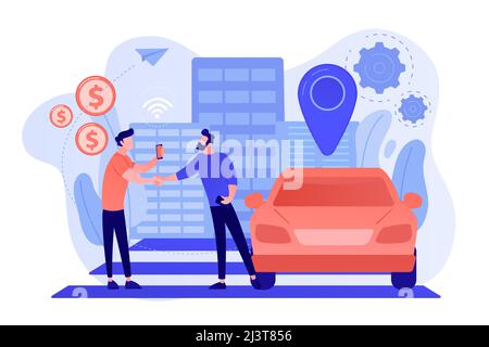 Businessman with smartphone rents a car in the street via carsharing service. Carsharing service, short periods rent, best taxi alternative concept. P Stock Vector