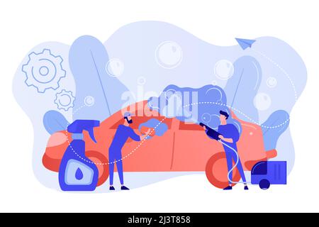 Auto wash attendants cleaning the exterior of the vehicle with special equipment. Car wash service, automatic carwash, self-serve car wash concept. Pi Stock Vector