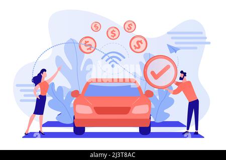 Business people paying in vehicle equiped with in-car payment system. In vehicle payments, in-car payment technology, modern retail services concept. Stock Vector