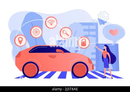 Businesswoman with heart likes using autonomos car with technology icons. Autonomous car, self-driving car, driverless robotic vehicle concept. Pinkis Stock Vector
