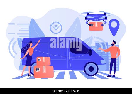 Autonomous delivery van with sensors and drone delivering parcel. Autonomous courier, driverless delivery service, modern parcel services concept. Pin Stock Vector