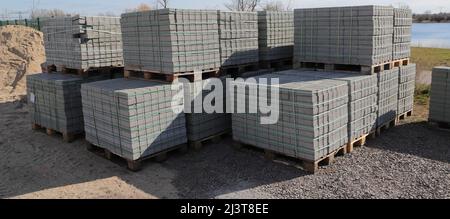 Pallets with stones in a hardware store Stock Photo