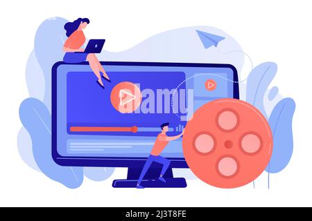 Marketing strategist with laptop working with video content. Video content marketing, video marketing strategy, digital marketing tool concept. Pinkis Stock Vector