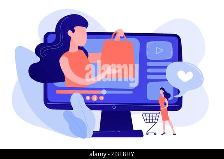 Business woman enjoys video with buyer on shopping sprees. Shopping sprees video, haul video content, beauty fashion lifestyle channel concept. Pinkis Stock Vector