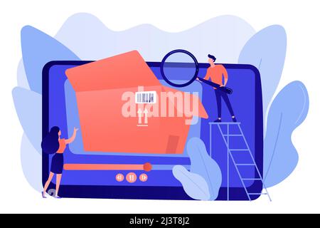 Bloggers with magnifier looking inside the box with new purchase video. Unboxing video, product review video, shopping device content concept. Pinkish Stock Vector