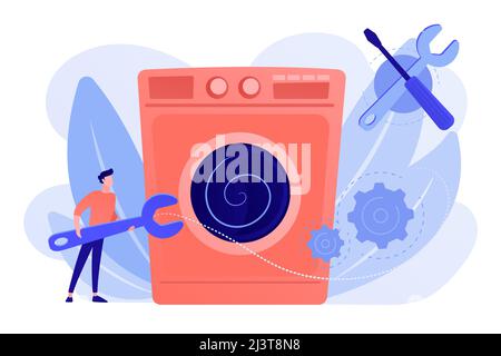 Service repairman with big wrench repairing washing machine. Repair of household appliances, smart TV service, household master services concept. Pink Stock Vector