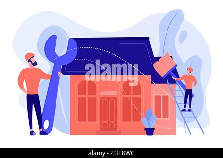 Handyman with big wrench repairing house and painting with paintbrush. DIY repair, do it yourself service, self-service learning concept. Pinkish cora Stock Vector