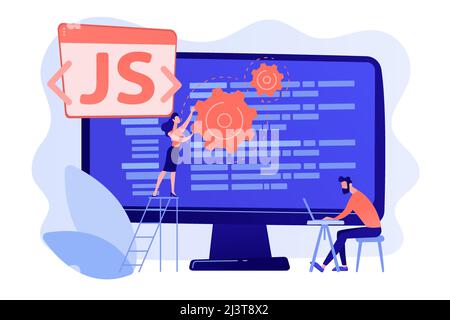 Programmers using JavaScript programming language on computer, tiny people. JavaScript language, JavaScript engine, JS web development concept. Pinkis Stock Vector