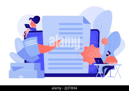 Specialists work with laptop digital data, tiny people. Digital transformation, digital solution development, paperless workflow solutions concept. Pi Stock Vector
