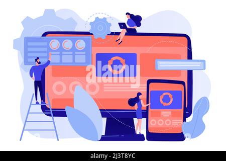 Developers at computer and smartphone working on single page app, tiny people. Single page application, SPA web page, web development trend concept. P Stock Vector